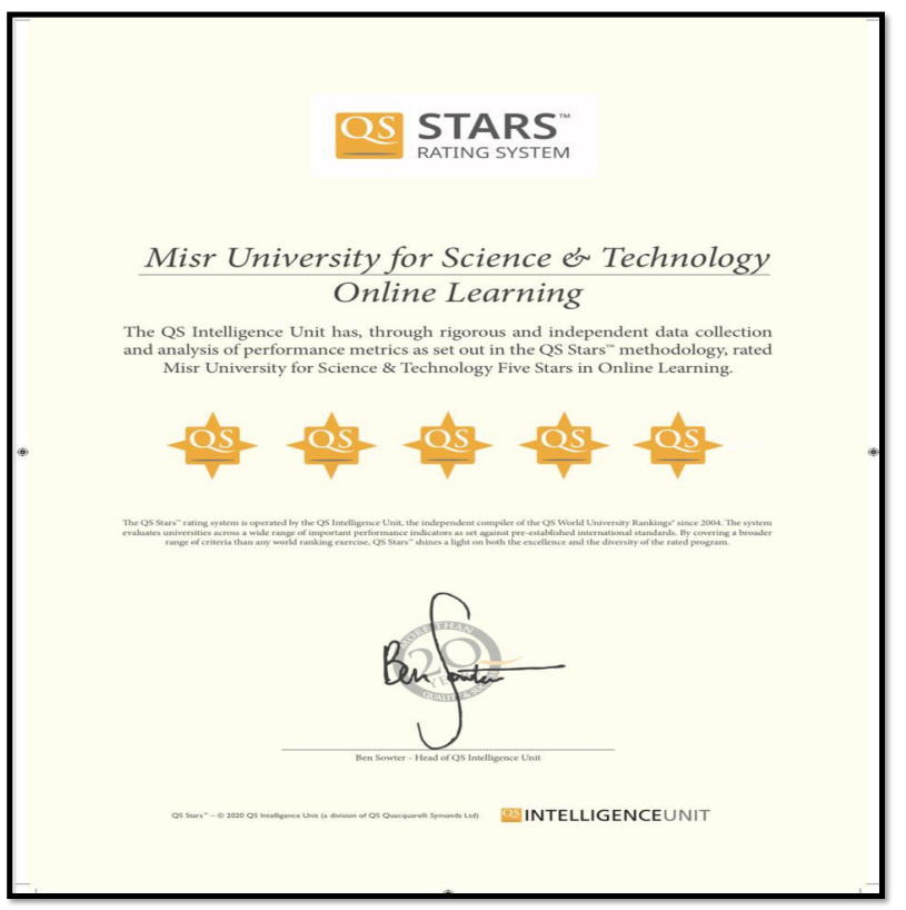 Misr University of Science and Technology obtained a five-star rating for e-learning from the international evaluation body Q